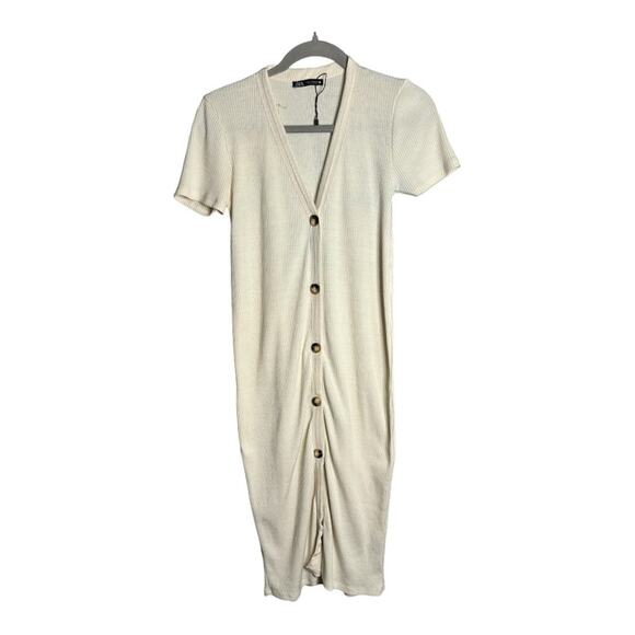 Zara Cream Button Front Ribbed Short Sleeve  Midi Dress Size Small - Picture 1 of 6